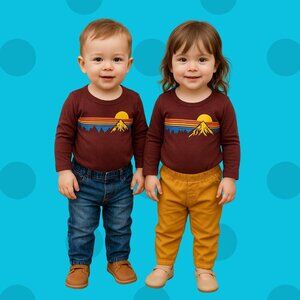 🏞 George Baby Long Sleeve Bodysuit – Retro Sunset Mountain Graphic (Size 12–18M